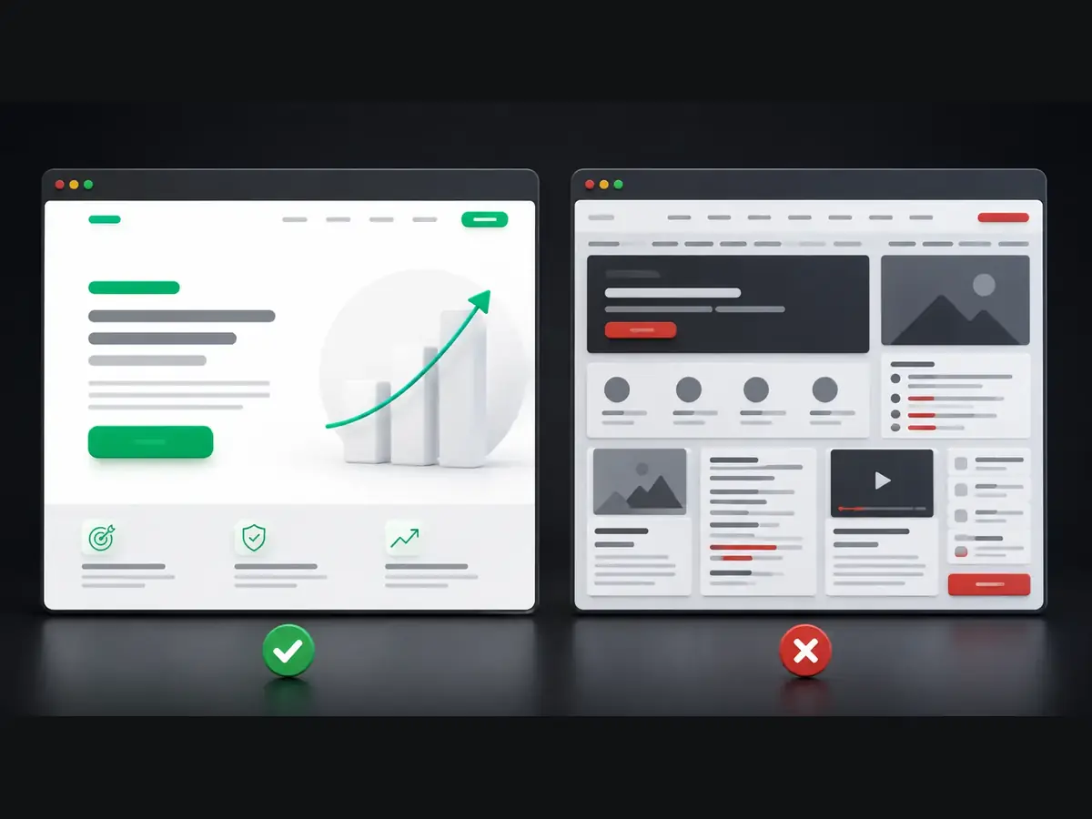 Comparação visual entre landing page focada em conversão e site genérico com excesso de elementos