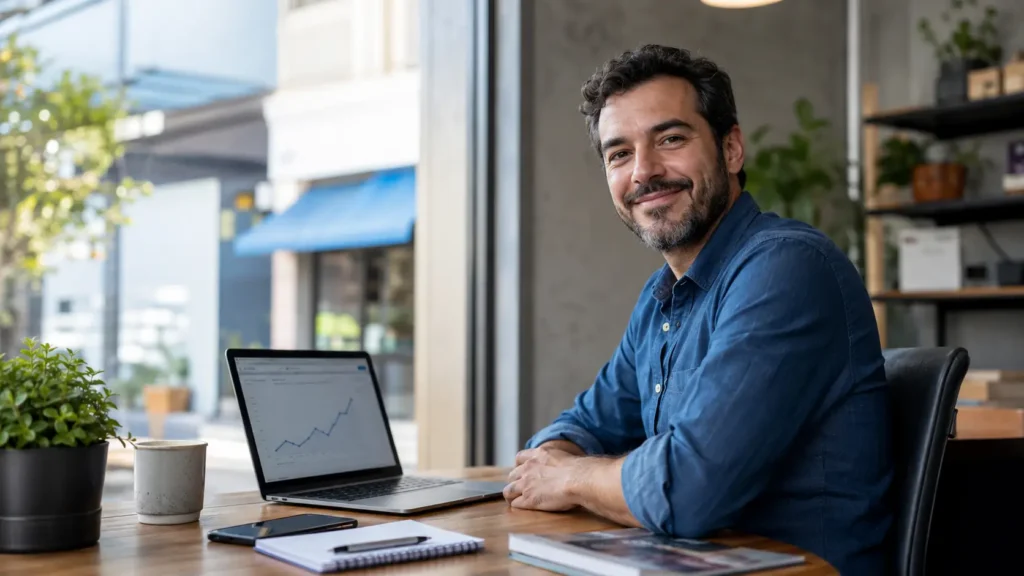 Empreendedor e especialista planejando conteúdos e melhorias de SEO para pequena empresa.