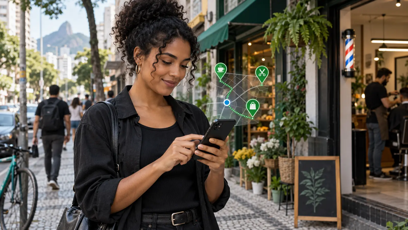 Pessoa pesquisando empresas próximas pelo celular em uma rua comercial