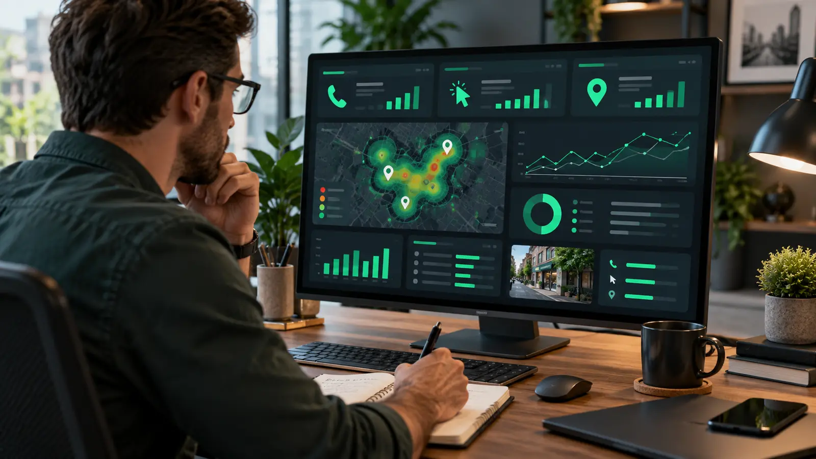 Profissional analisando um dashboard de desempenho de SEO local