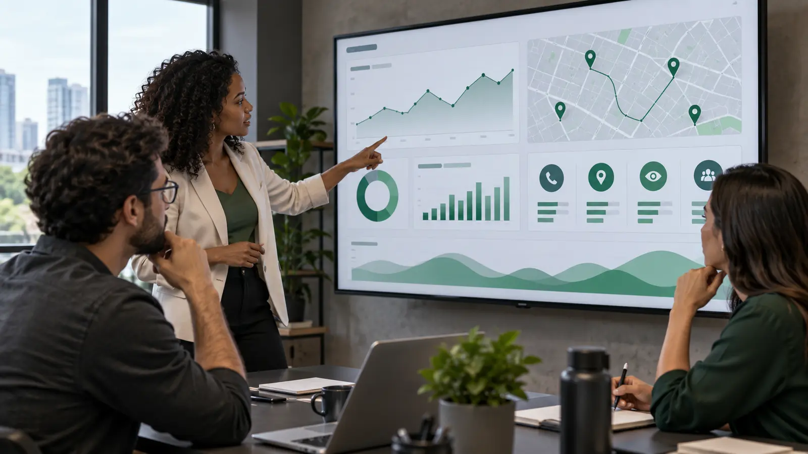 Equipe analisando o desempenho do Perfil da Empresa no Google
