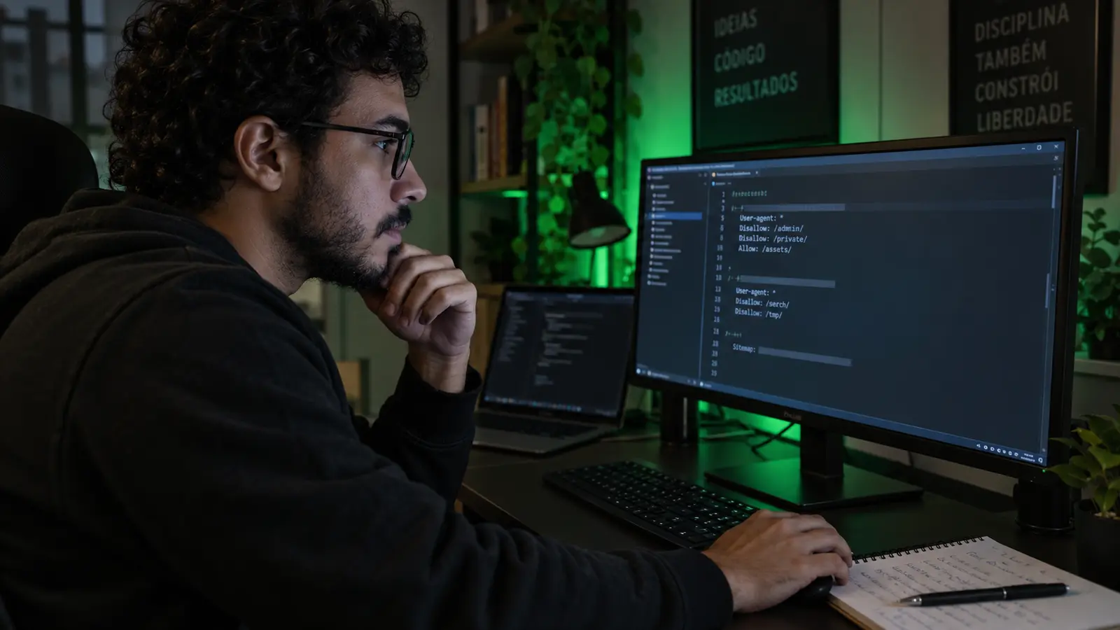 Desenvolvedor revisando regras do arquivo robots.txt para mecanismos de busca