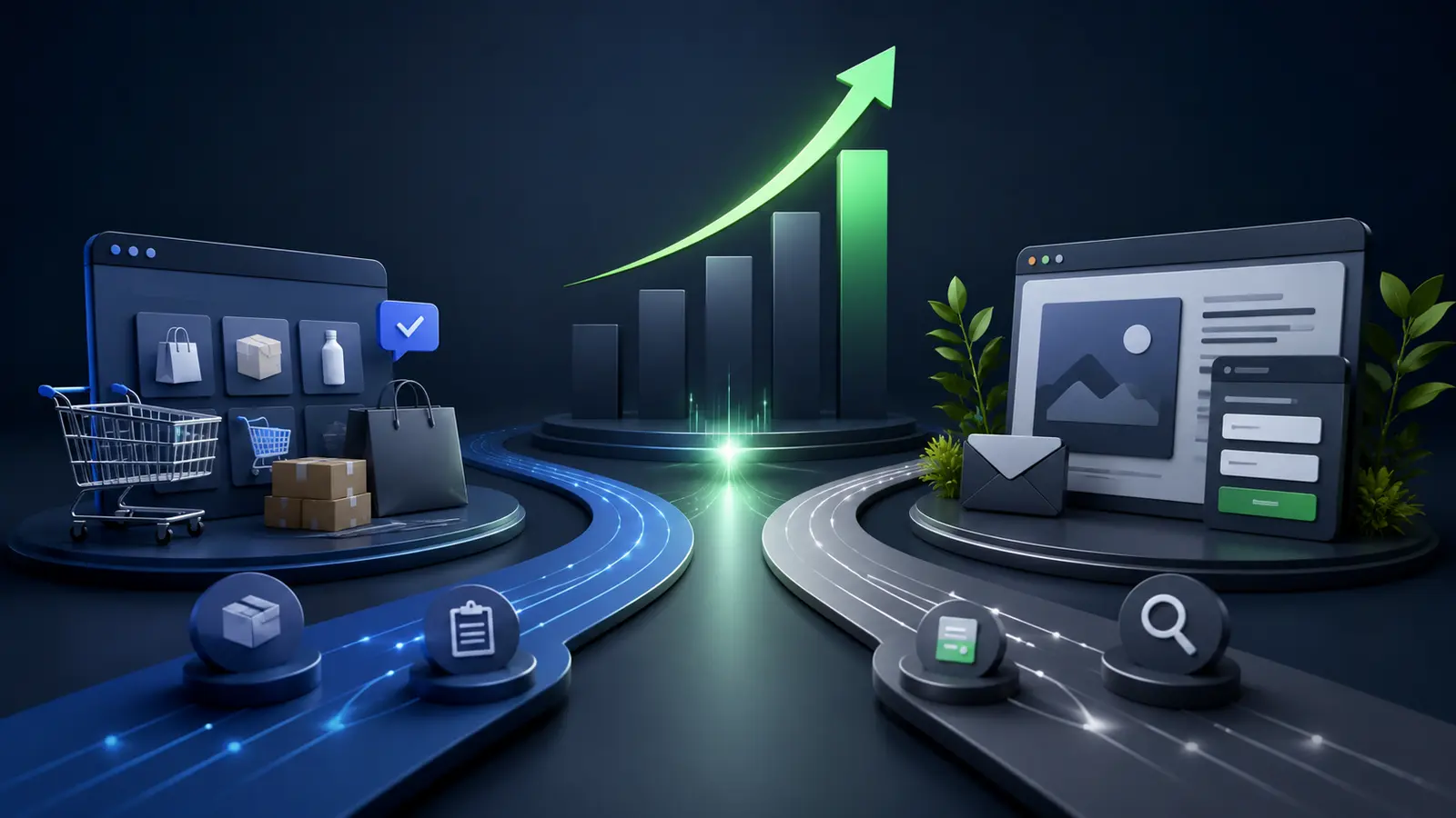 Caminhos de loja virtual e site institucional convergindo para o crescimento da empresa