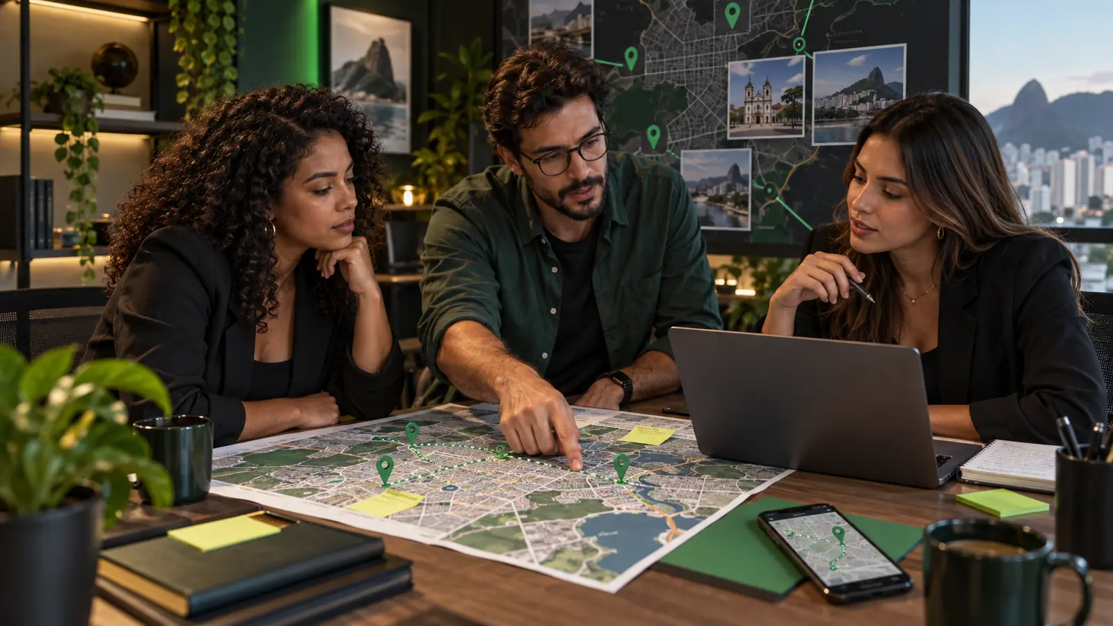 Equipe planejando ações de SEO local sobre um mapa da região