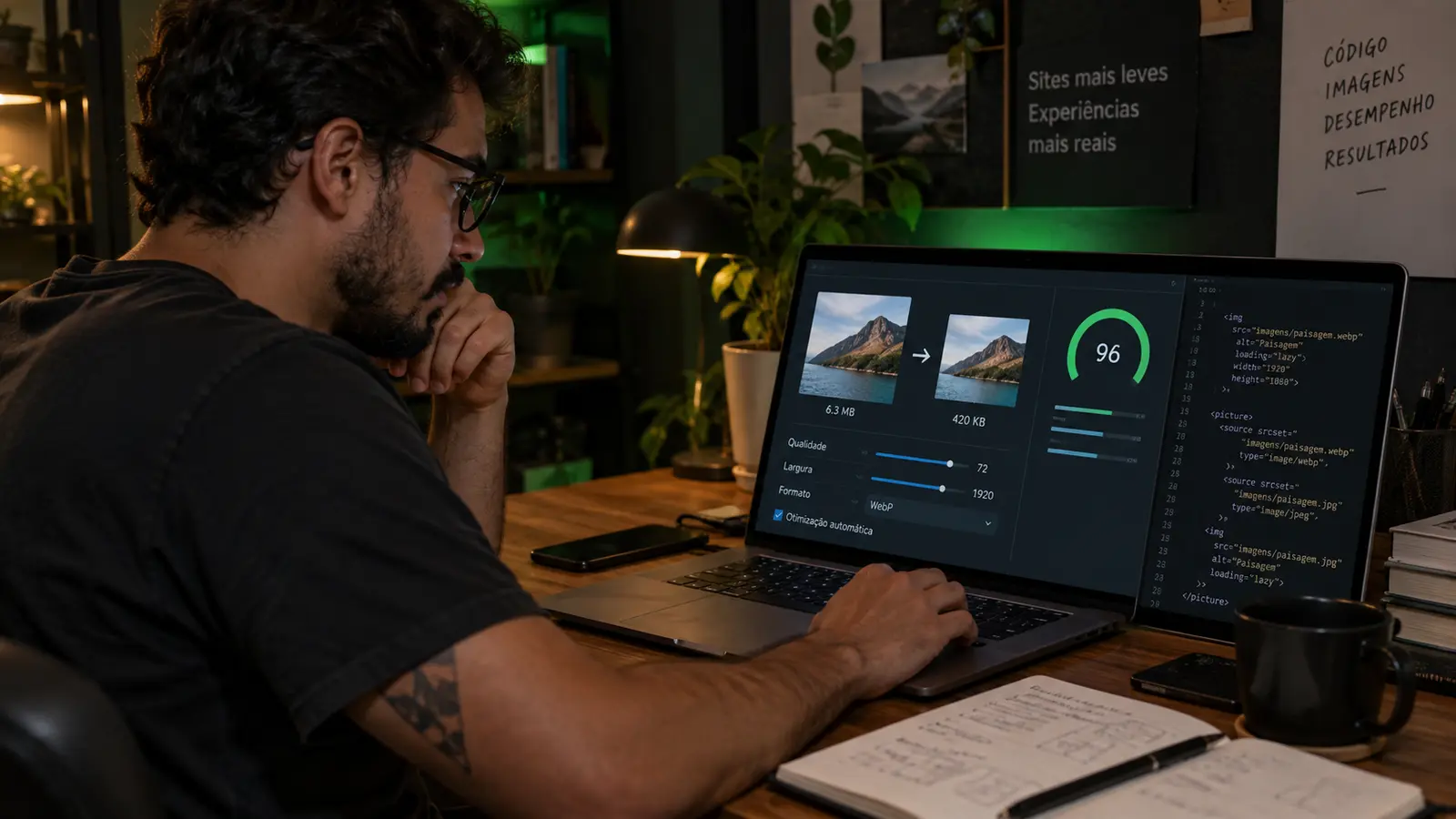 Desenvolvedor otimizando imagens e código para melhorar a velocidade do site