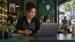 Empreendedora usando celular e notebook para planejar uma estratégia de SEO local