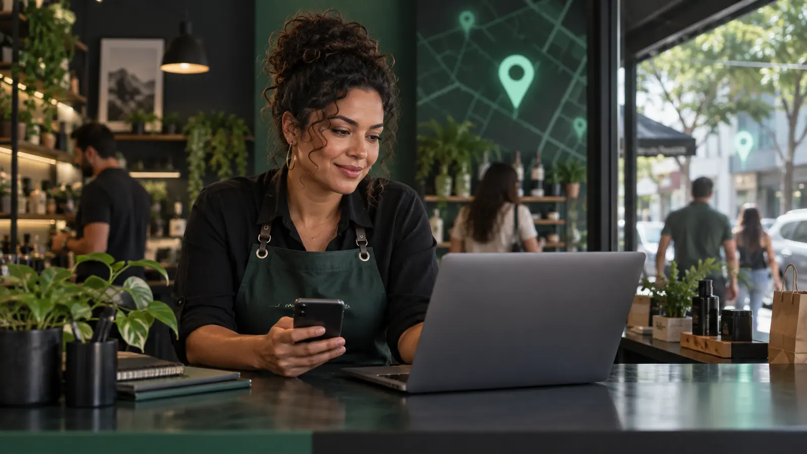 Empreendedora usando celular e notebook para planejar uma estratégia de SEO local