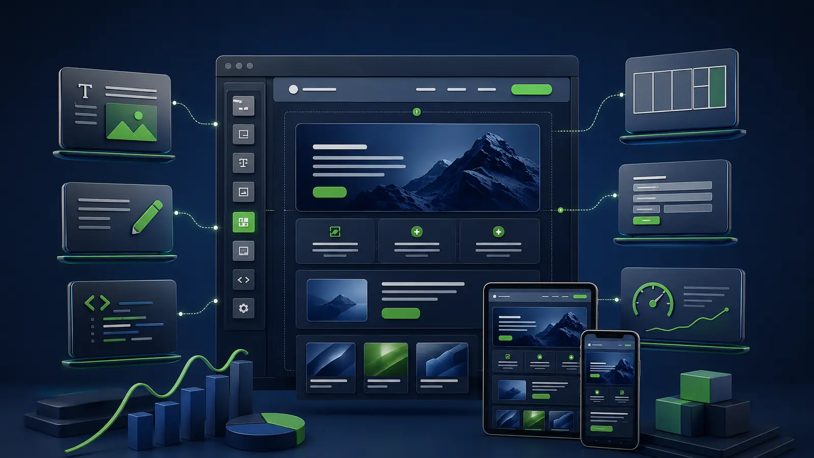 Interface modular de criação de site com recursos de conteúdo, SEO e responsividade