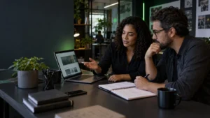 Empresário e web designer analisando os custos de um site WordPress profissional