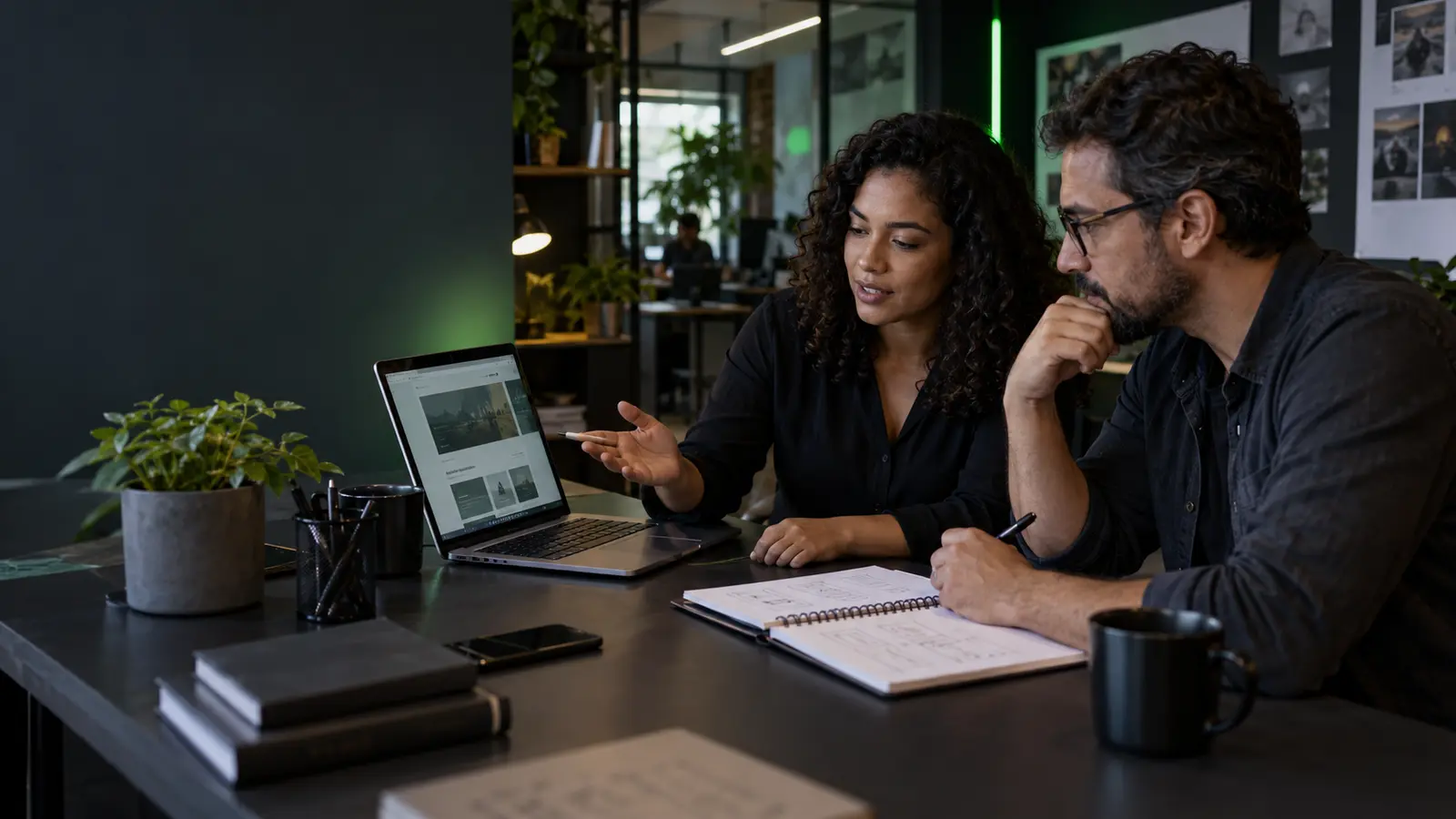 Empresário e web designer analisando os custos de um site WordPress profissional